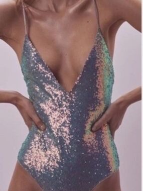 For Love & Lemons Iridescent-Opal Sequin Bodysuit Size Large